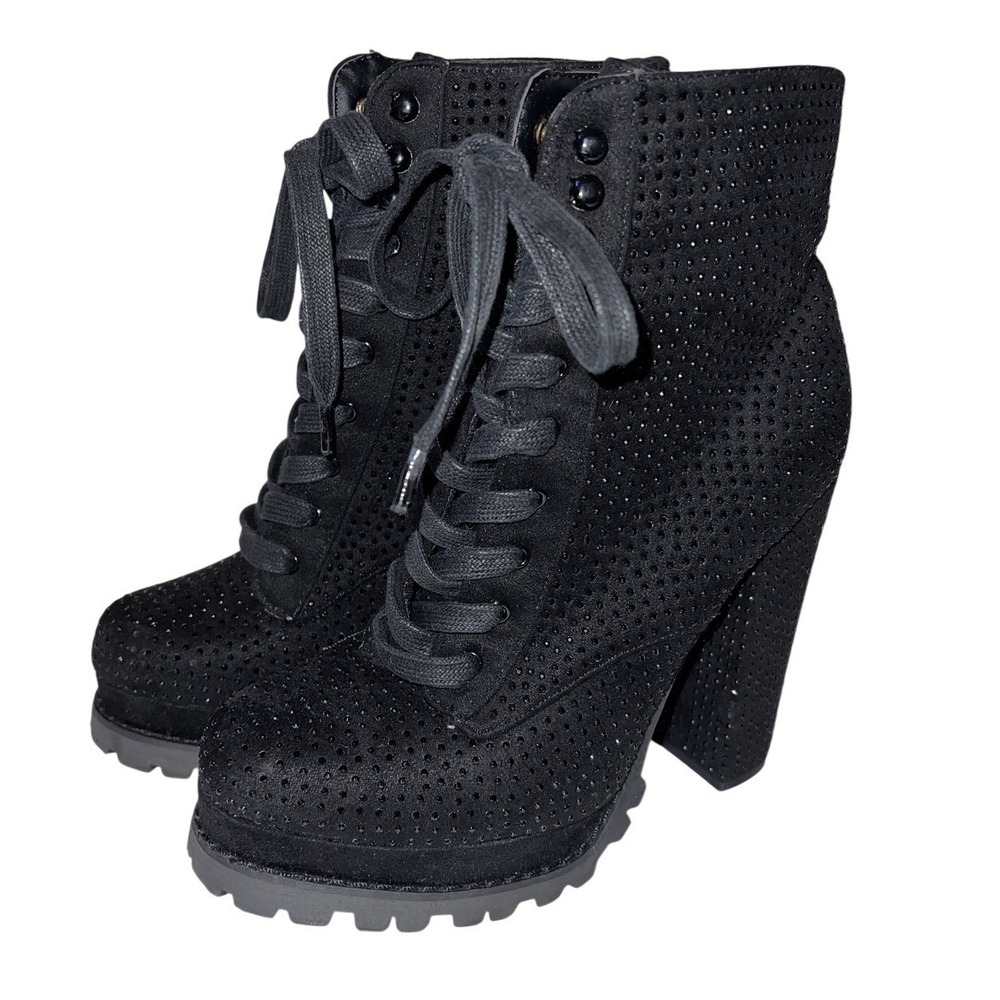Liliana Black Rhinestone Lace Up Platform Block Heel Ankle Boots Womens 8